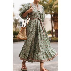 Marea Green Floral Cotton House Dress Maxi, Size Small